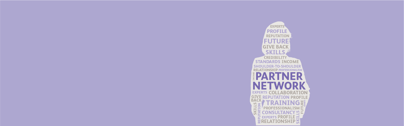 Silhouette of a person on a purple background. Within the silhouette are the words 'partner network' in bold surrounded by other words such as 'training' 'professionalism' skills' 'experts'