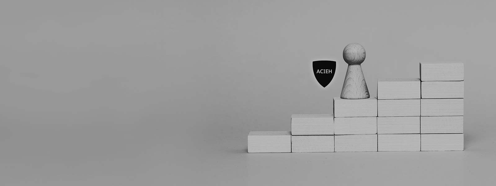 ACIEH badge with a wooden pawn on the third step of a tower of blocks