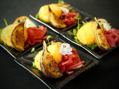 Ricotta and tarragon croquette, with glazed fig and red onion and peppercorn salsa