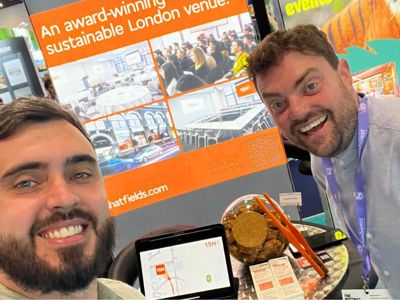 Mark Perrett and Joe Harris at the 15Hatfields stand at The Meetings Show 2025