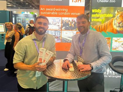 Mark Perrett and Joe Harris at the 15Hatfields stand at The Meetings Show 2025