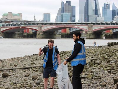 Joe, 15Hatfields' Deputy General Manager and Liam, Venue Supervisor litter picking on the Thames