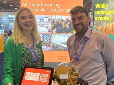 Kat Fortson and Joe Harris at the 15Hatfields stand at The Meetings Show 2025