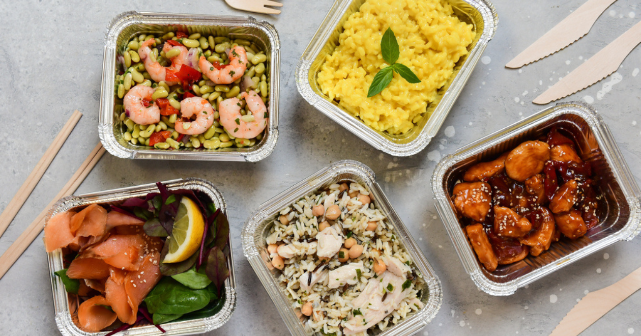 Variety of takeaway food in containers
