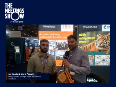 Mark Perrett and Joe Harris at the 15Hatfields stand at The Meetings Show 2025